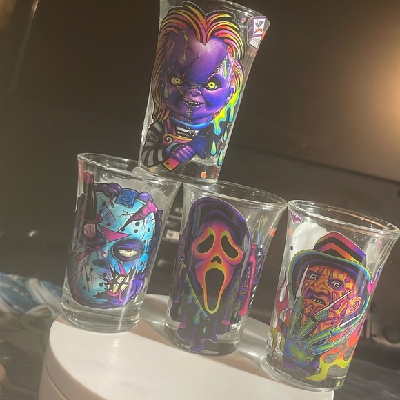 NWOT 4 custom horror double sided shot glasses - Picture 1 of 2